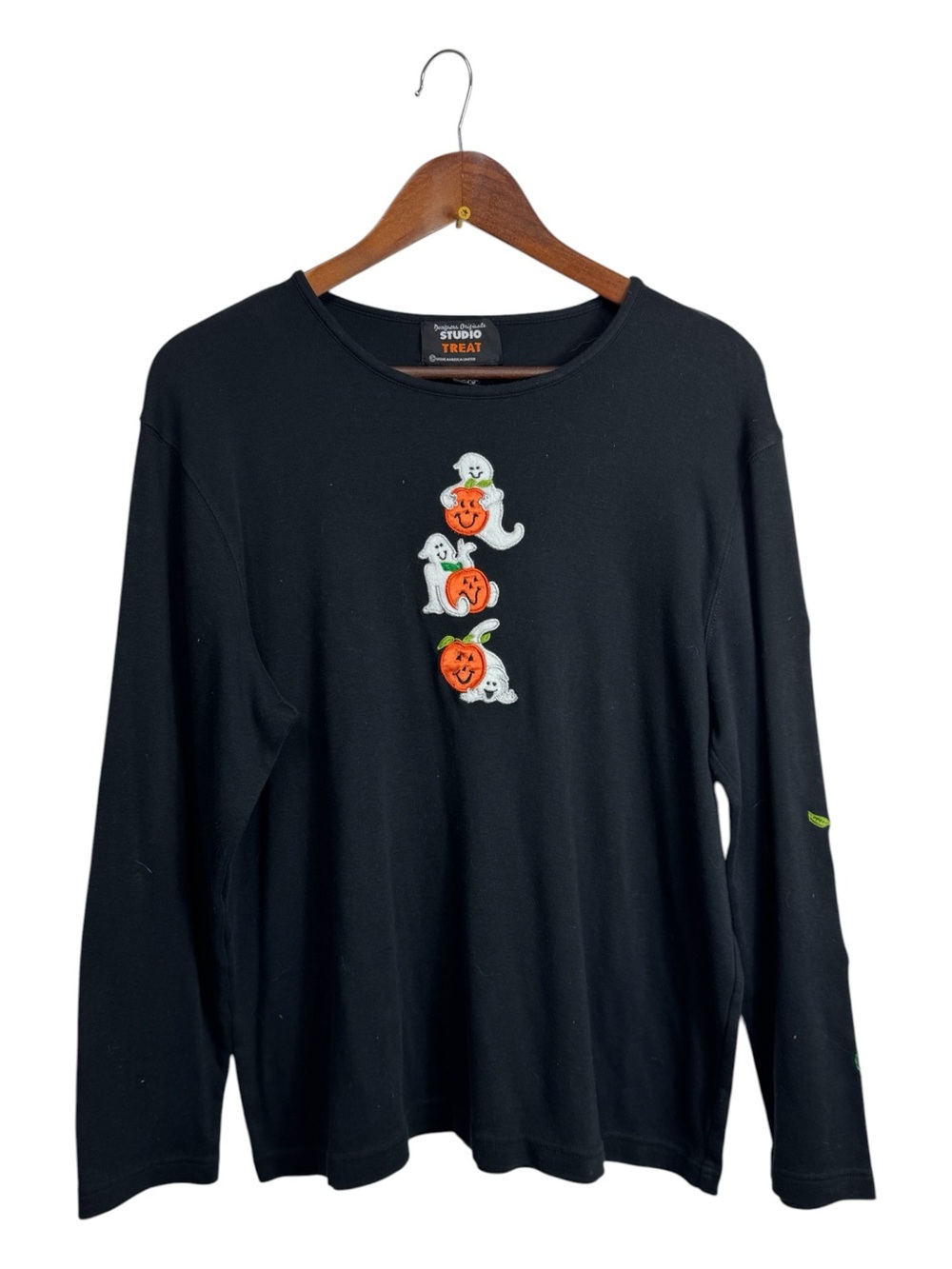 Black Womens Halloween Pumpkin & Ghost Long Sleeve Top XL